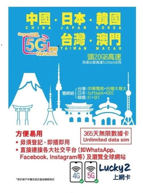Lucky 2 中國 日本 韓國 台灣 澳門365日4G 20GB 之後降速512K .